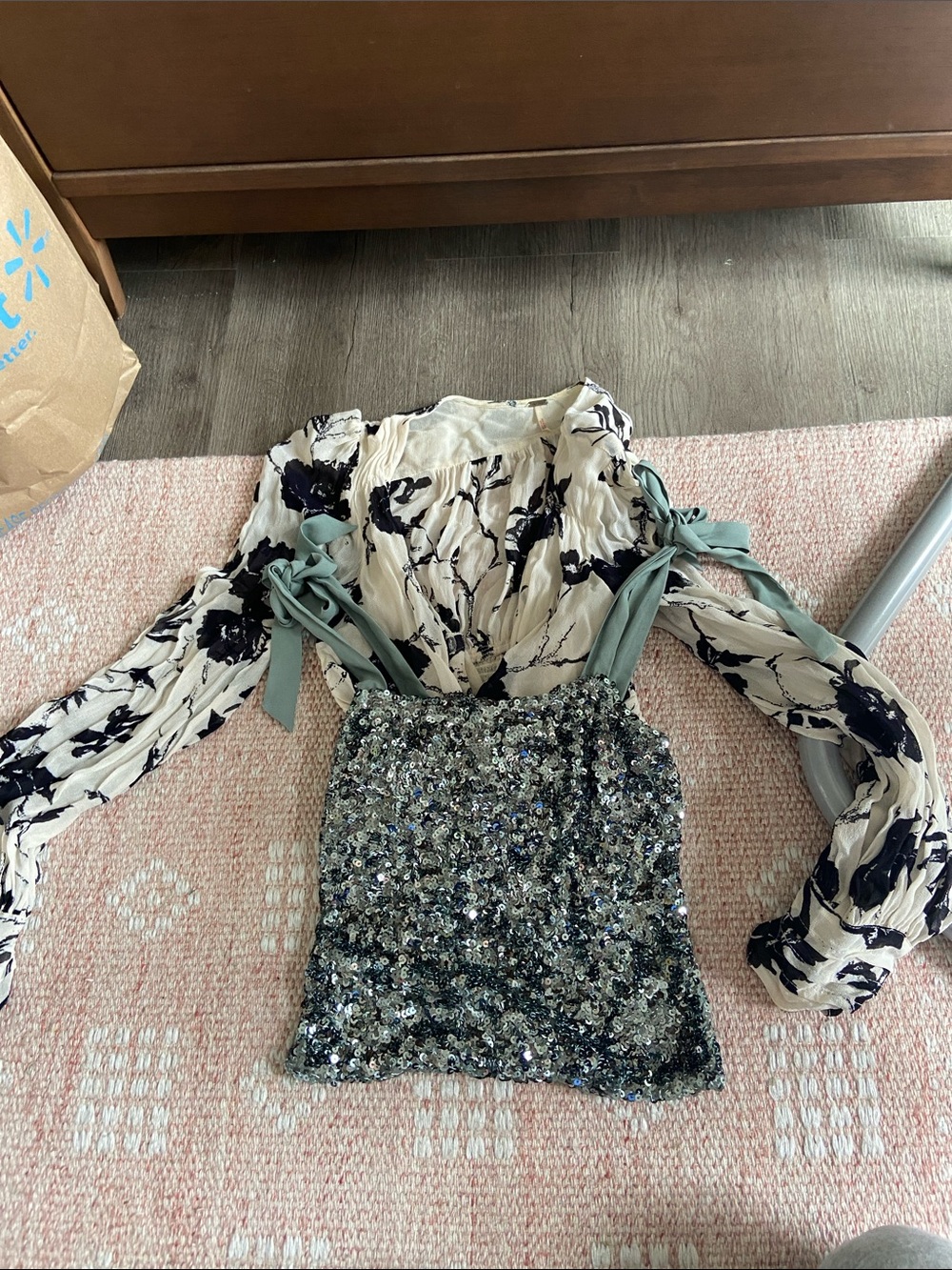 Free People Ivory Floral Blouse with Sequin Green Tank Overlay